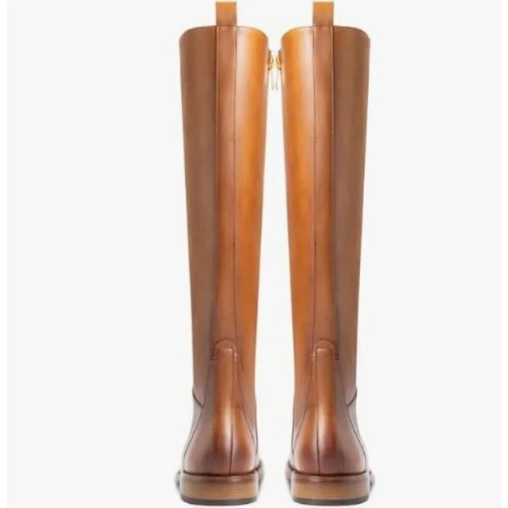 Women's Brown Flat Round Toe Low Heel Comfortable Side Zipper Knee High Boots